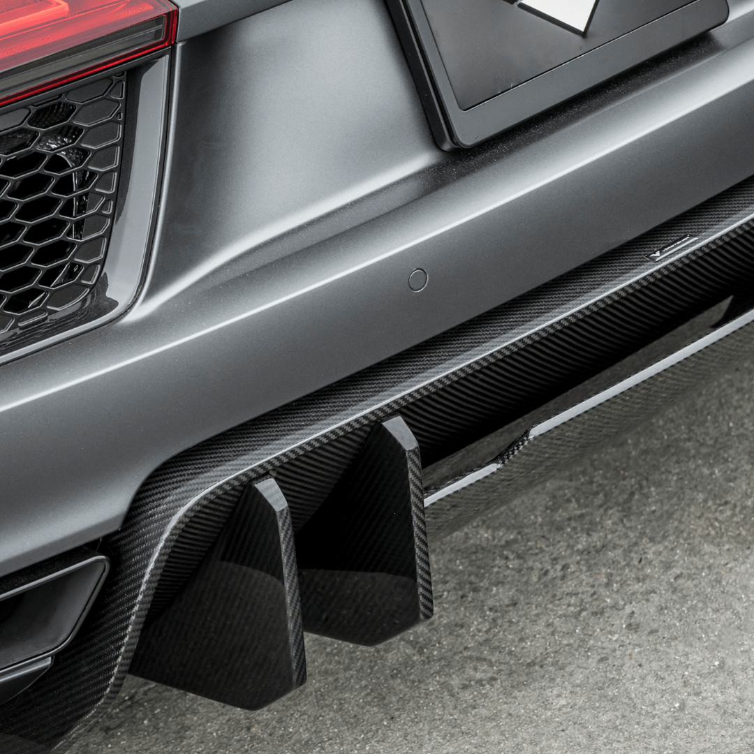Vorsteiner Aerodynamics carbon fiber rear diffuser for 2017+ Audi R8, showcasing sleek aerodynamic design and high-performance materials.