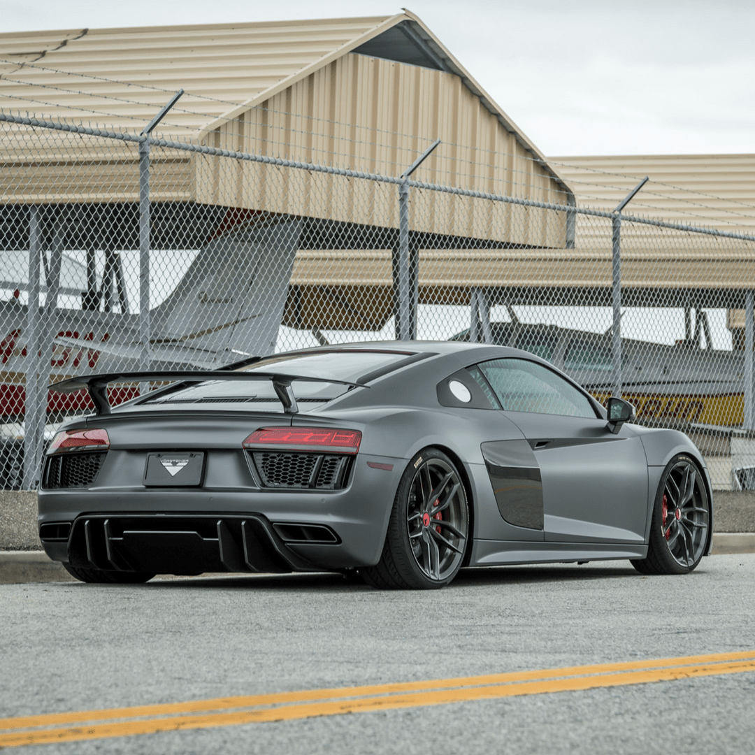 2017+ Audi R8 Vorsteiner carbon fiber rear diffuser, aerodynamic Aero part with detailed carbon fiber weave and sleek design.