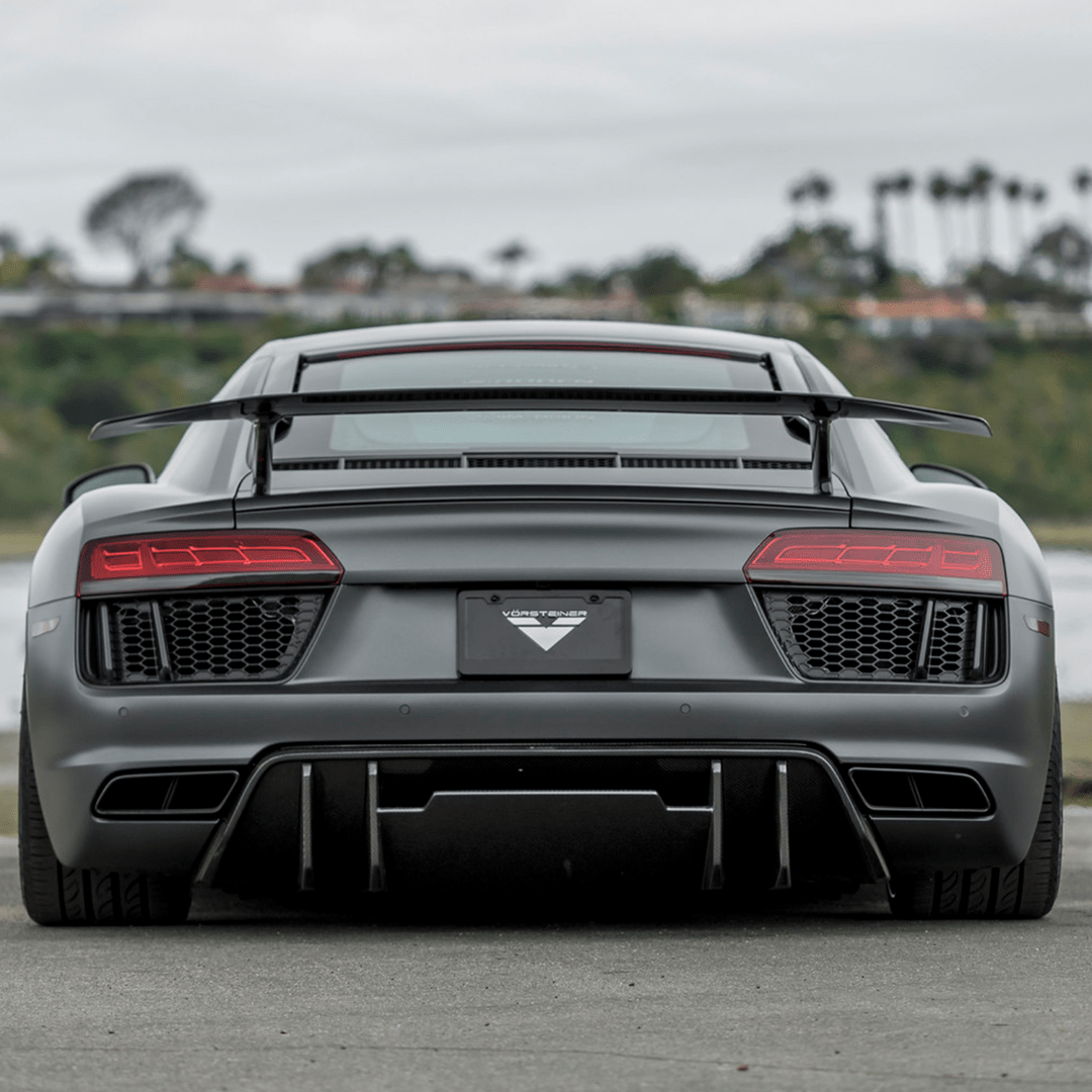 2017+ Audi R8 V10 Plus carbon fiber rear wing by Vorsteiner Aerodynamics, showcasing lightweight aero performance and sleek design.