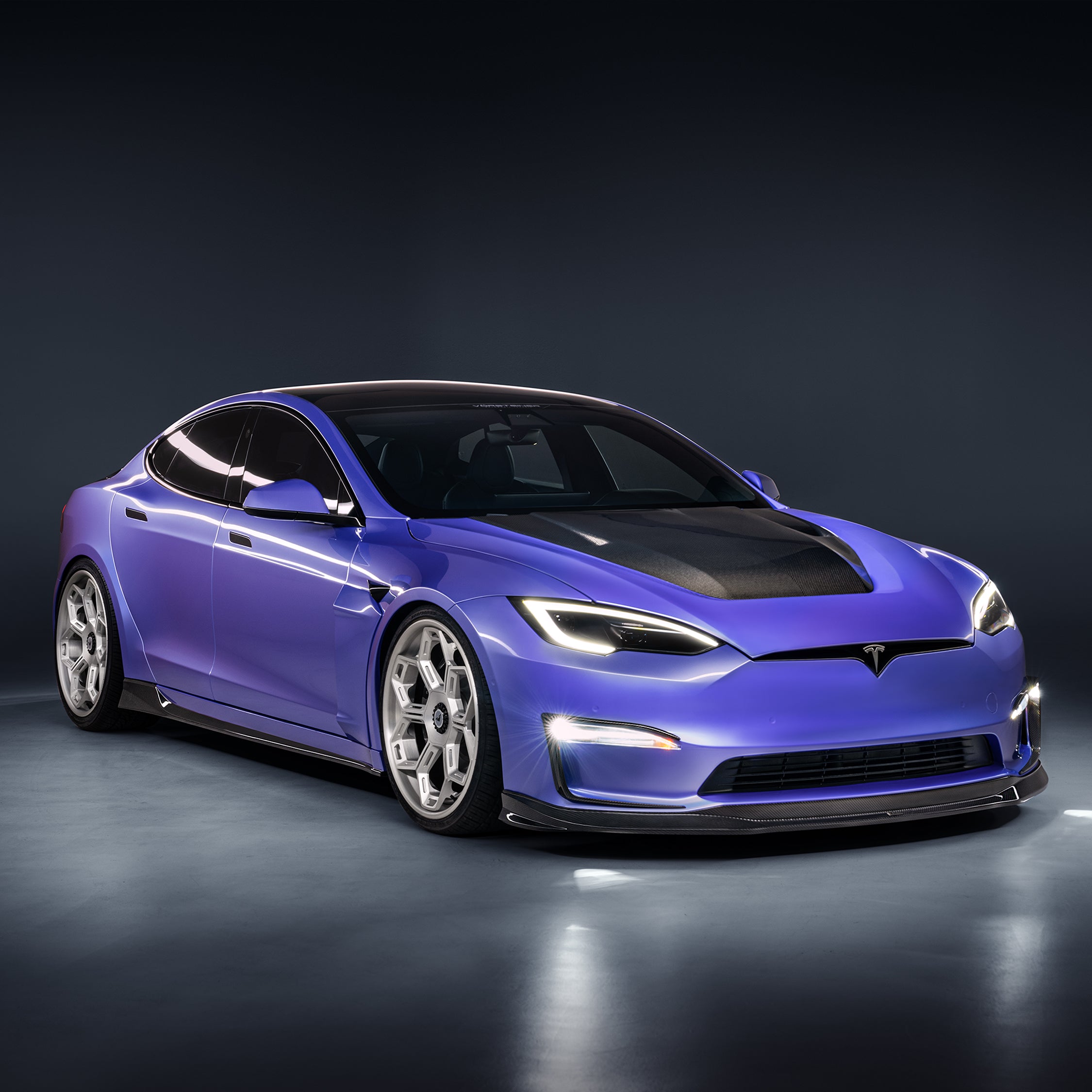 VRS Tesla Model S Plaid Aero Front Spoiler Carbon Fiber PP 2X2 Glossy - Vorsteiner Wheels  -  - [tags]